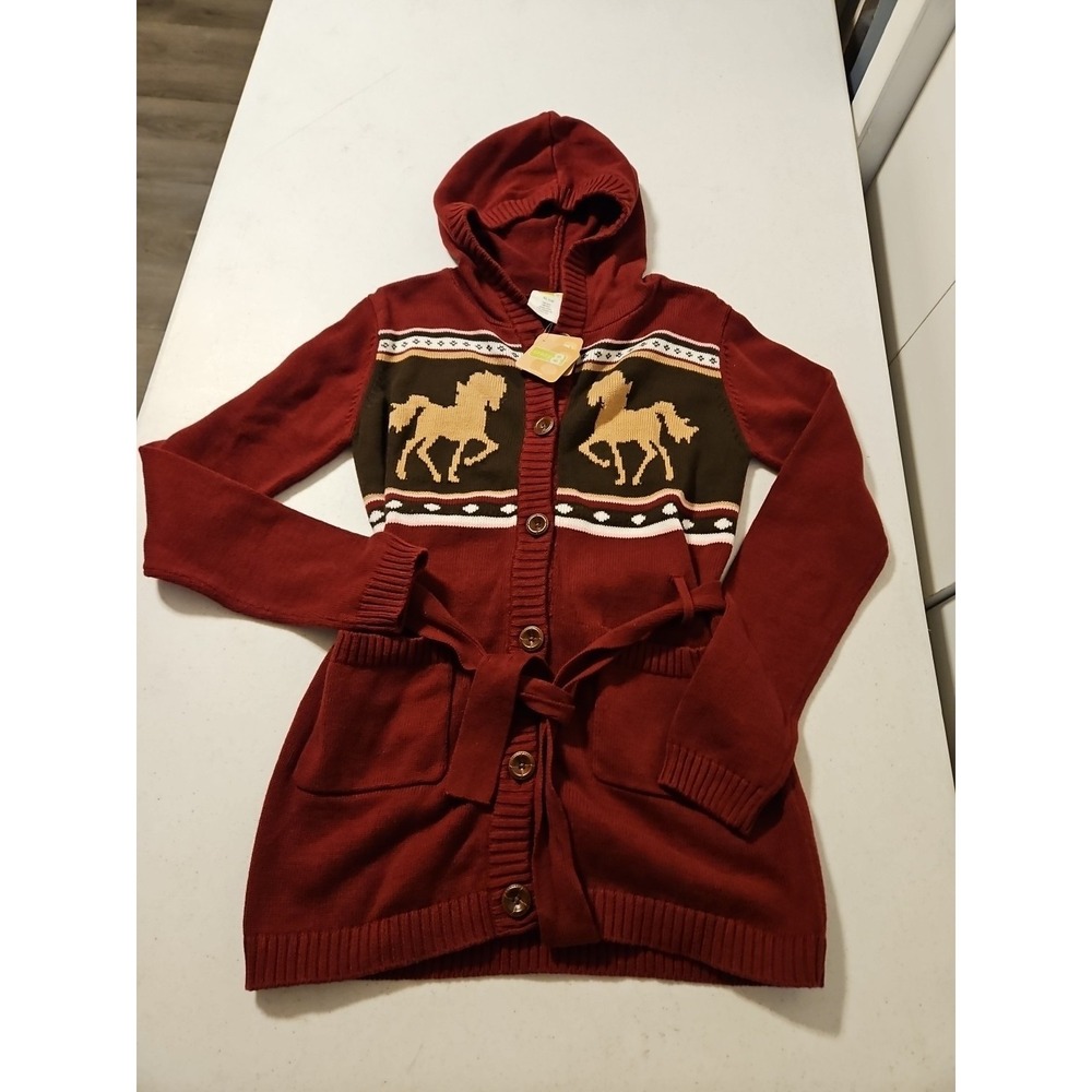 Men's Hooded Button-Front Sweater with Horse Motif — Red